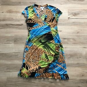 Joseph Ribkoff Blue and Green Patterned Mini Dress